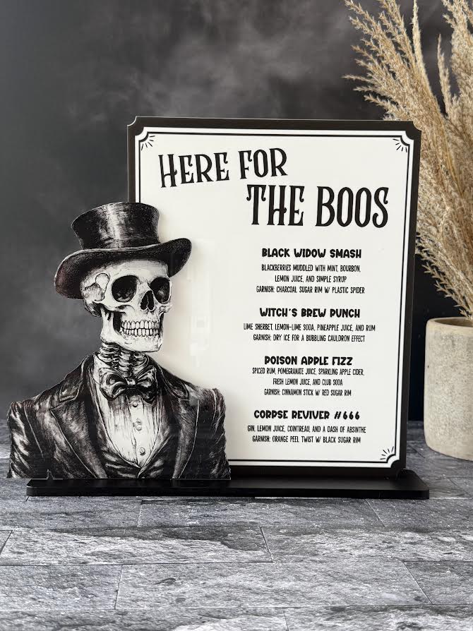 "Here For The Boos" Halloween Bar Sign – Two Spooky Skull Designs | Acrylic Drink Menu for Halloween Parties