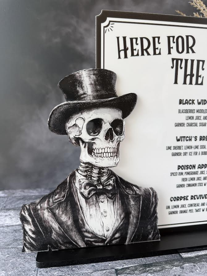 "Here For The Boos" Halloween Bar Sign – Two Spooky Skull Designs | Acrylic Drink Menu for Halloween Parties