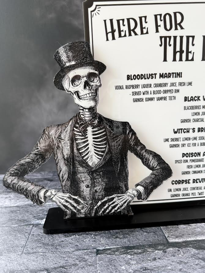 "Here For The Boos" Halloween Bar Sign – Two Spooky Skull Designs | Acrylic Drink Menu for Halloween Parties
