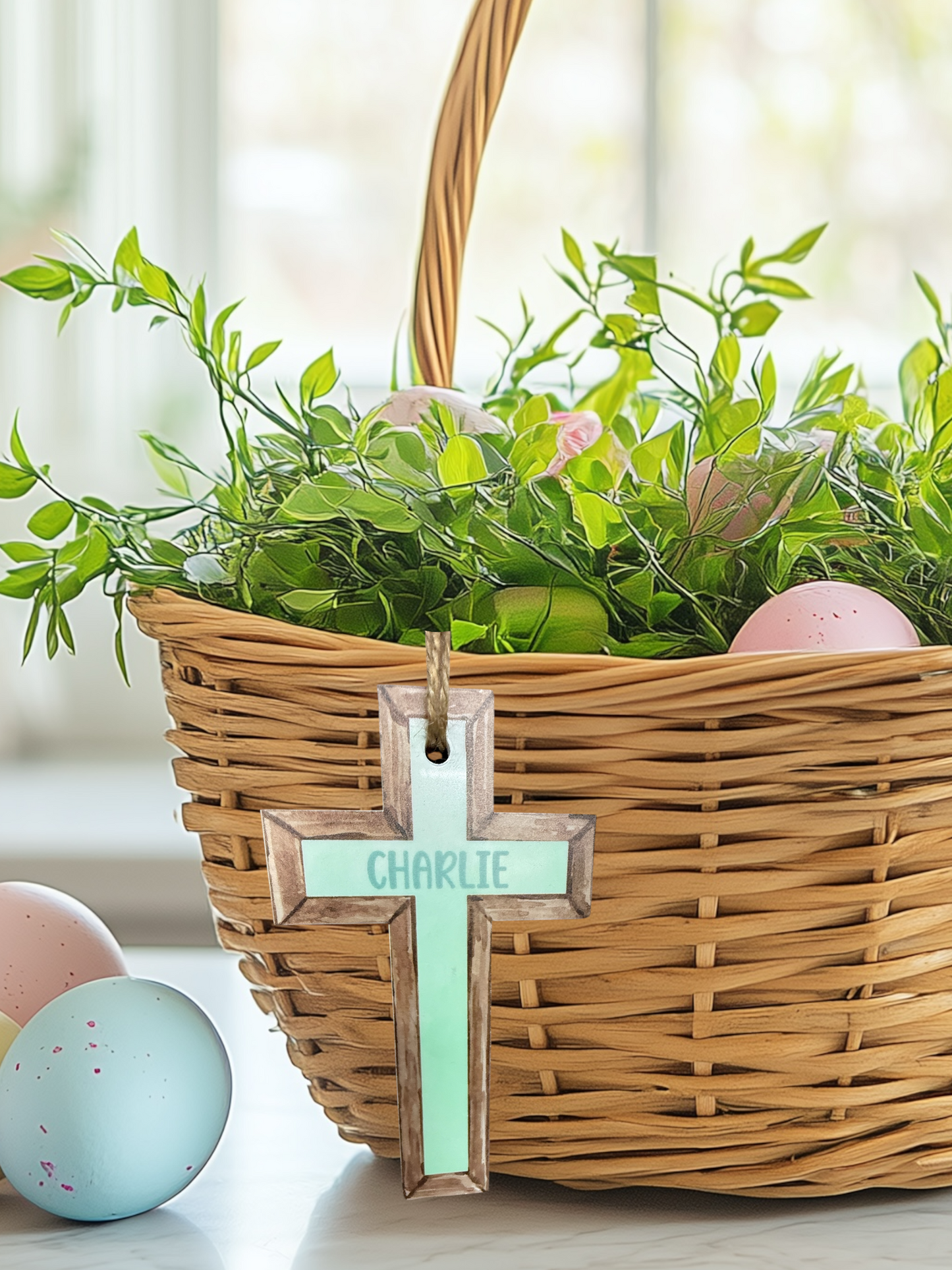 Personalized Acrylic Cross Basket Tags – 5" Custom Easter Name Tags