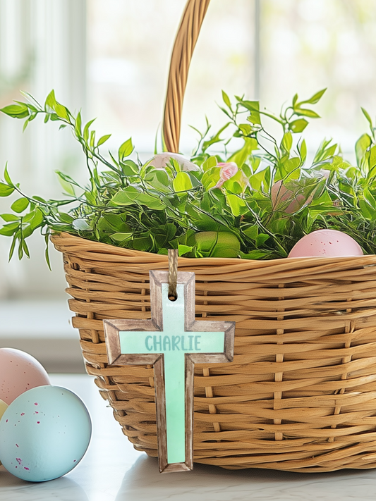 Personalized Acrylic Cross Basket Tags – 5" Custom Easter Name Tags