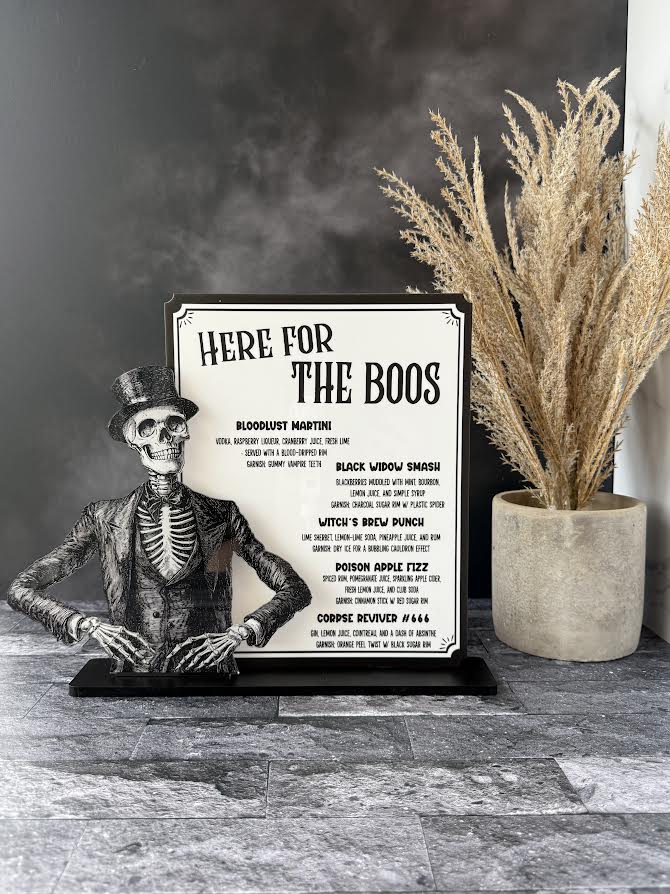 "Here For The Boos" Halloween Bar Sign – Two Spooky Skull Designs | Acrylic Drink Menu for Halloween Parties