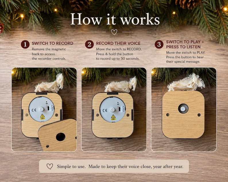 Personalized Voice Recording Ornament, 30-Second Christmas Keepsake for Kids (Wood & Leatherette)