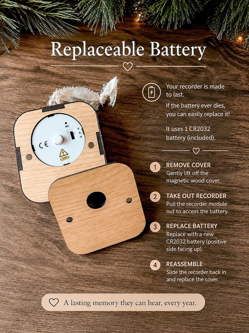 Personalized Voice Recording Ornament, 30-Second Christmas Keepsake for Kids (Wood & Leatherette)