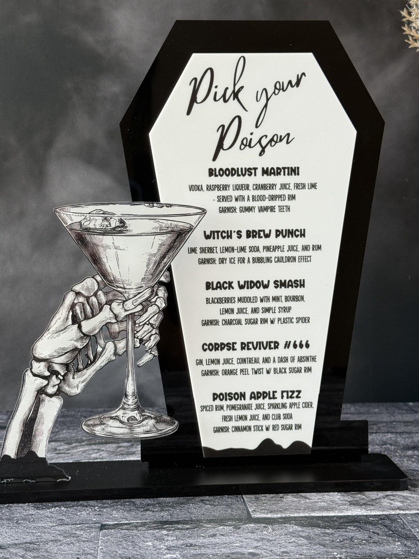"Pick Your Poison" Halloween Bar Sign – Skull Hand with Martini Glass | Acrylic Halloween Drink Menu | Spooky Party Décor