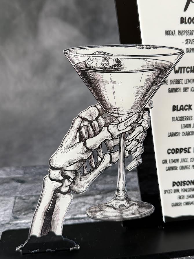 "Pick Your Poison" Halloween Bar Sign – Skull Hand with Martini Glass | Acrylic Halloween Drink Menu | Spooky Party Décor