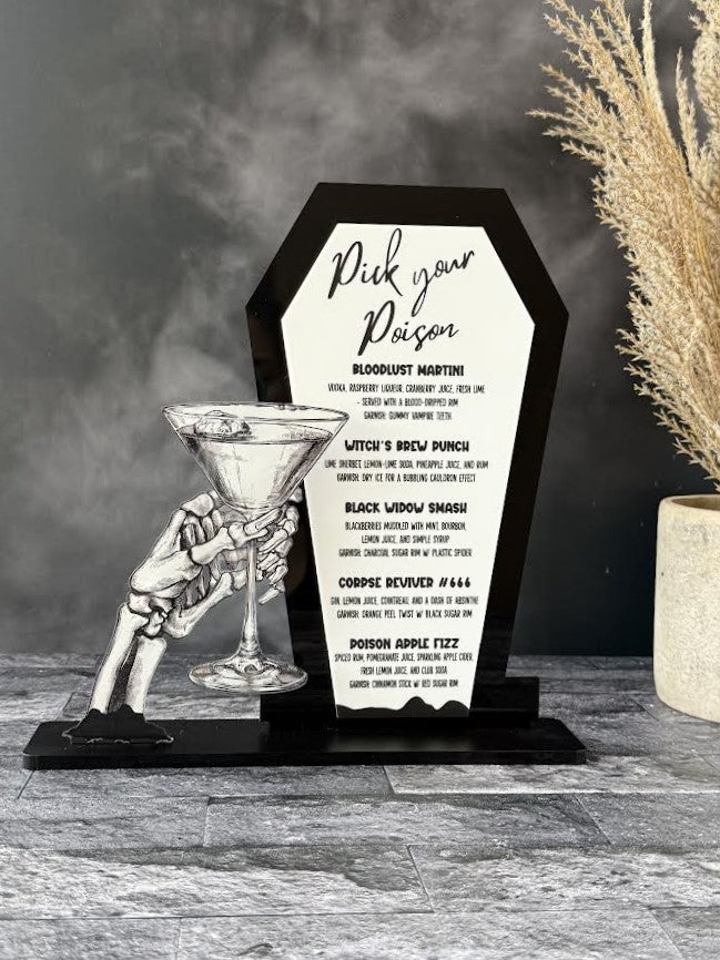 "Pick Your Poison" Halloween Bar Sign – Skull Hand with Martini Glass | Acrylic Halloween Drink Menu | Spooky Party Décor