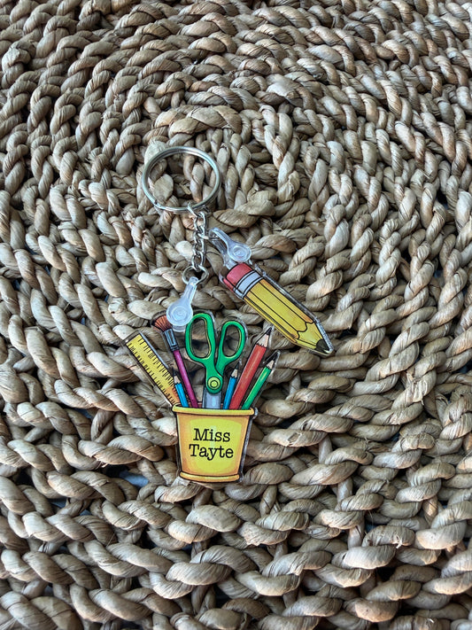 Personalized Teacher Keychain – Custom Acrylic School Supply Charm Gift
